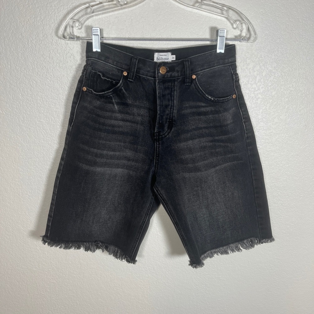 Bohme Premium Denim Black High Waisted Button Fly Frayed Bermuda Shorts‎ Sz 24